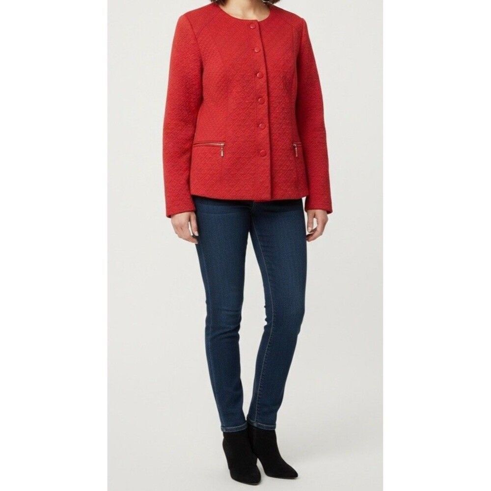 Chicos Red Diamond Quilted Collarless Snap Button Zip Pocket Jacket Size 1/M